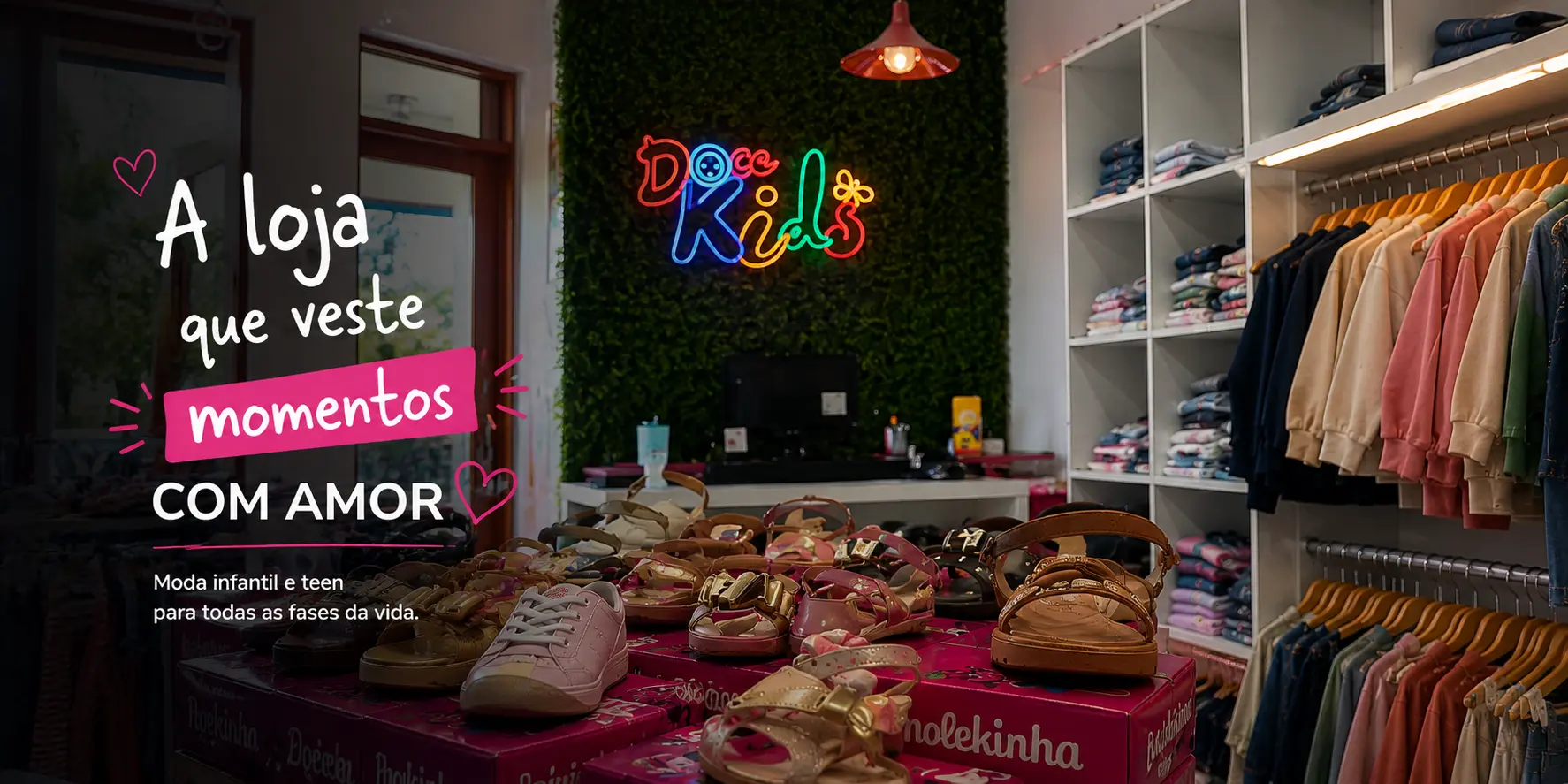 A loja que veste momentos com amor: interior da Doce Kids em Jundiaí com letreiro neon e calçados infantis
