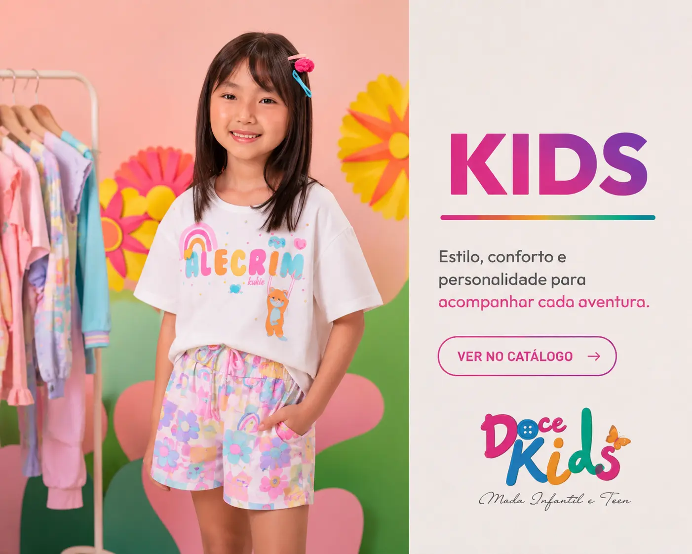Categoria Kids da Doce Kids: menina com camiseta e shorts estampados — estilo, conforto e personalidade