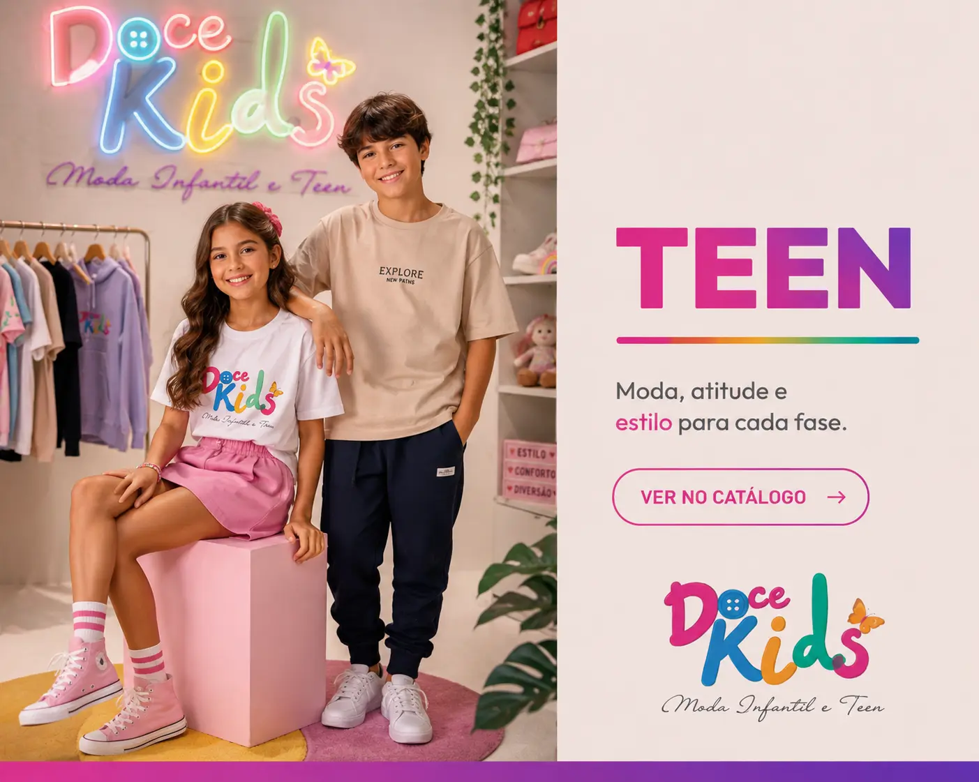 Categoria Teen da Doce Kids: adolescentes com looks casuais na loja — moda, atitude e estilo