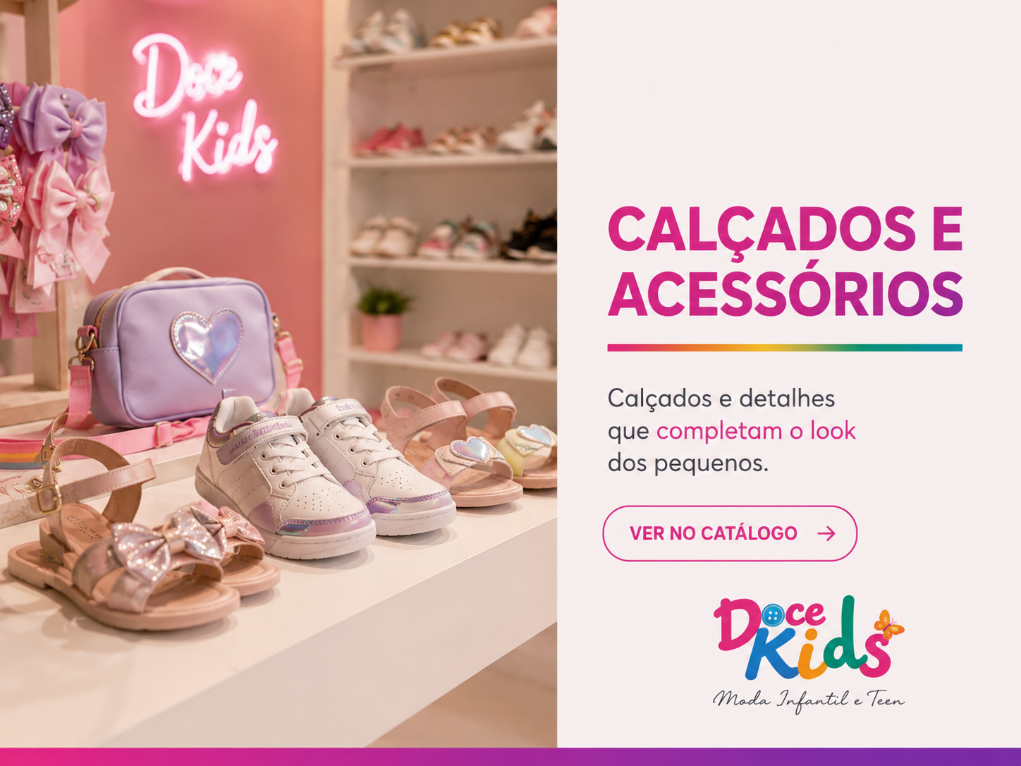 Calçados e acessórios da Doce Kids: tênis, sandálias e bolsas infantis expostos na loja